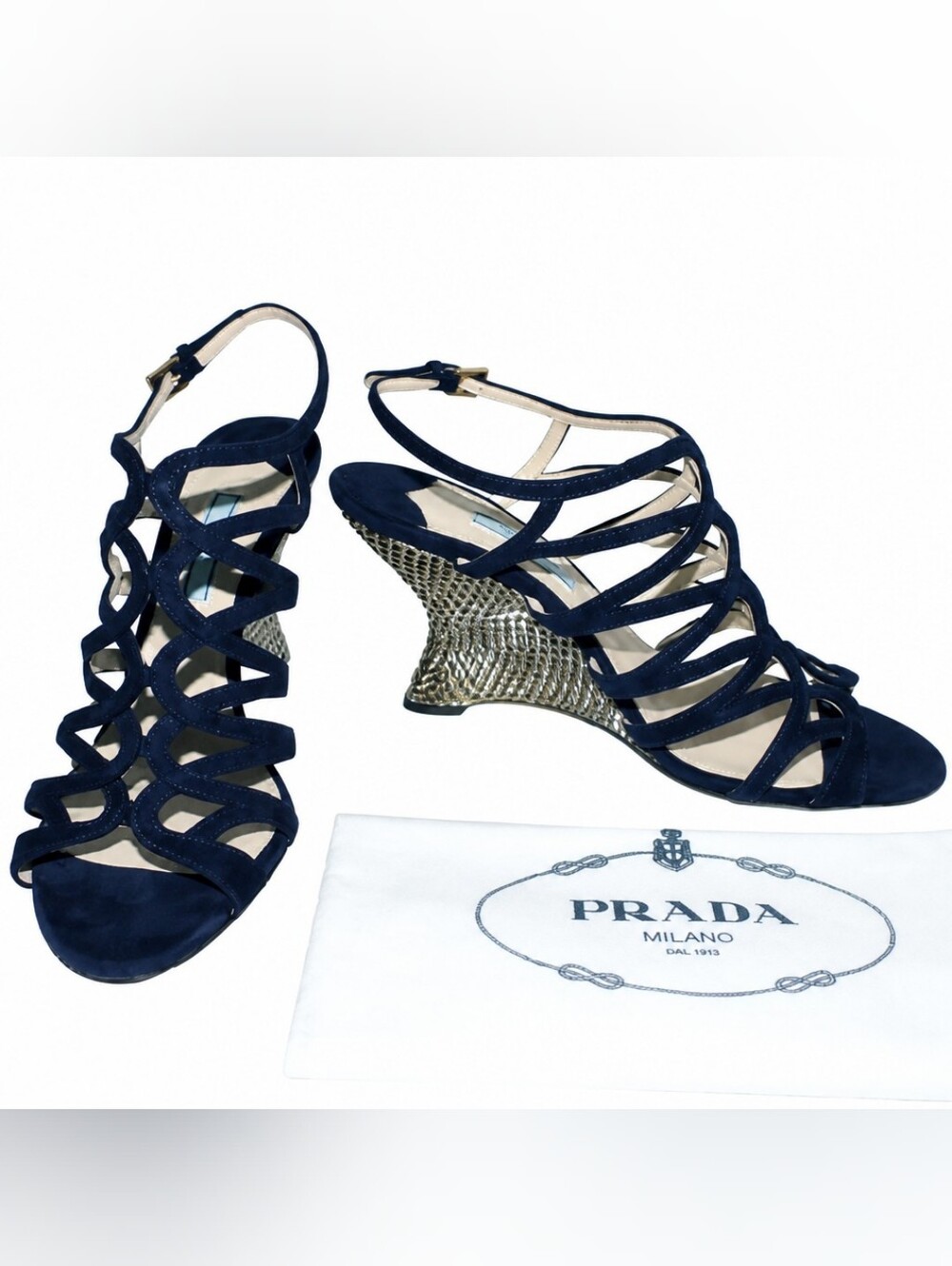 PRADA Suede Strappy Sculpted Golden Wedge Sandals in Blu Marino
